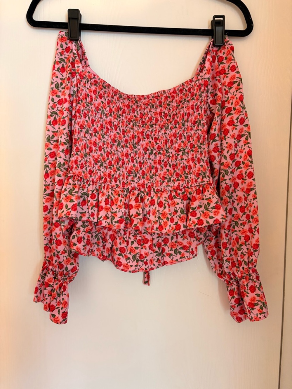 Wayf Pink Floral Drawstring Ruched Peasant Blouse - Picture 2 of 4